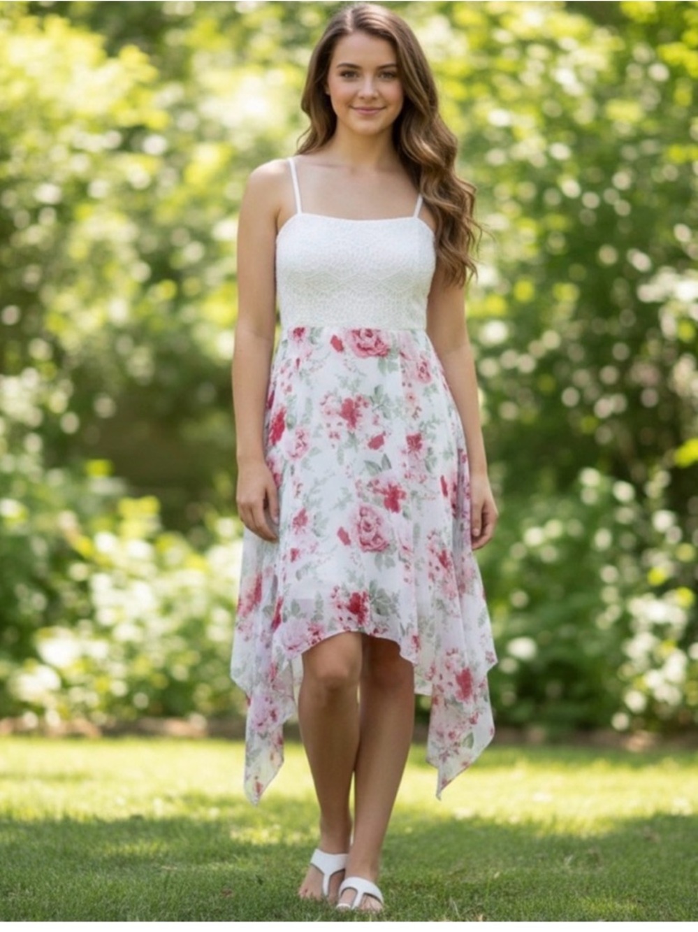 No Boundaries White and Pink Floral Handkerchief-Hem Sundress